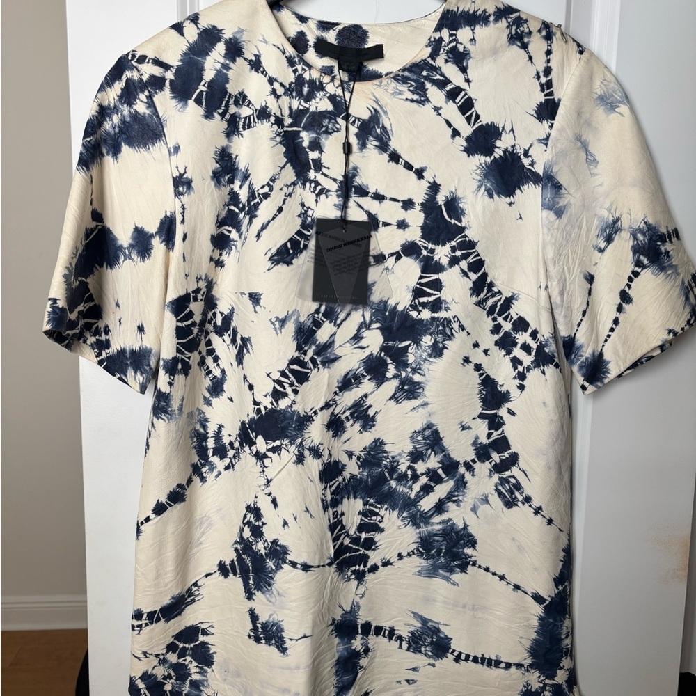 Alexandre Birman Leather Navy and Cream Tie-Dye Short Sleeve Tee
